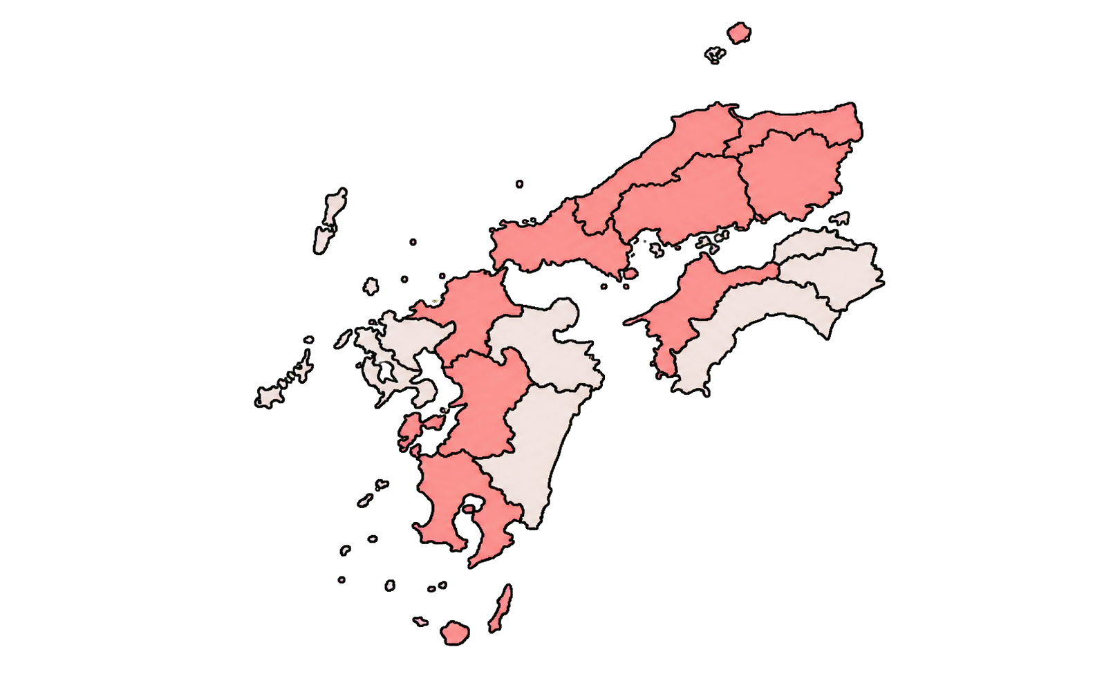県境を黒線で示した、沖縄を除く中国・四国・九州地方の納入実績地図